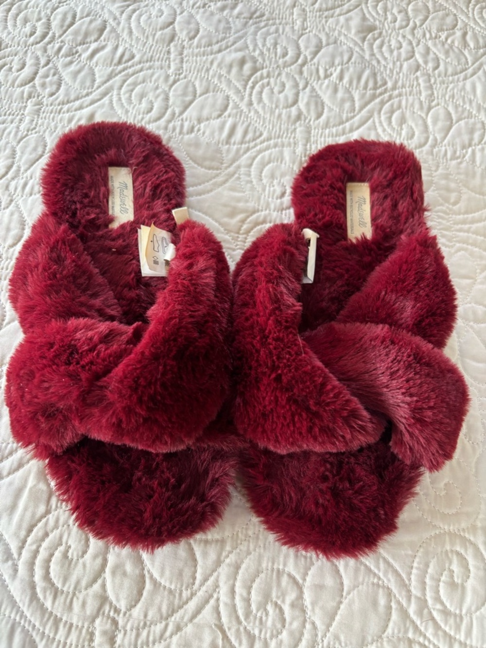 Madewell Burgundy Faux Fur Crisscross Slide Sandals